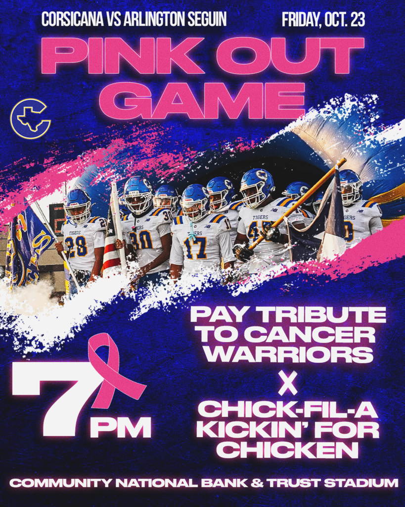 Promotional sports poster advertising Corsicana vs. Arlington Seguin “Pink Out Game” on Friday, October 23.