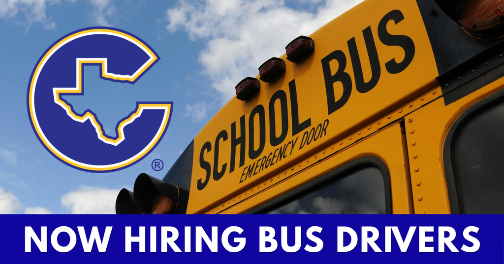 Promotional recruitment graphic reads “NOW HIRING BUS DRIVERS,” 