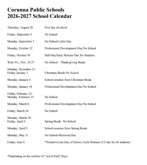 Corunna Public Schools 2026-2027 School Calendar