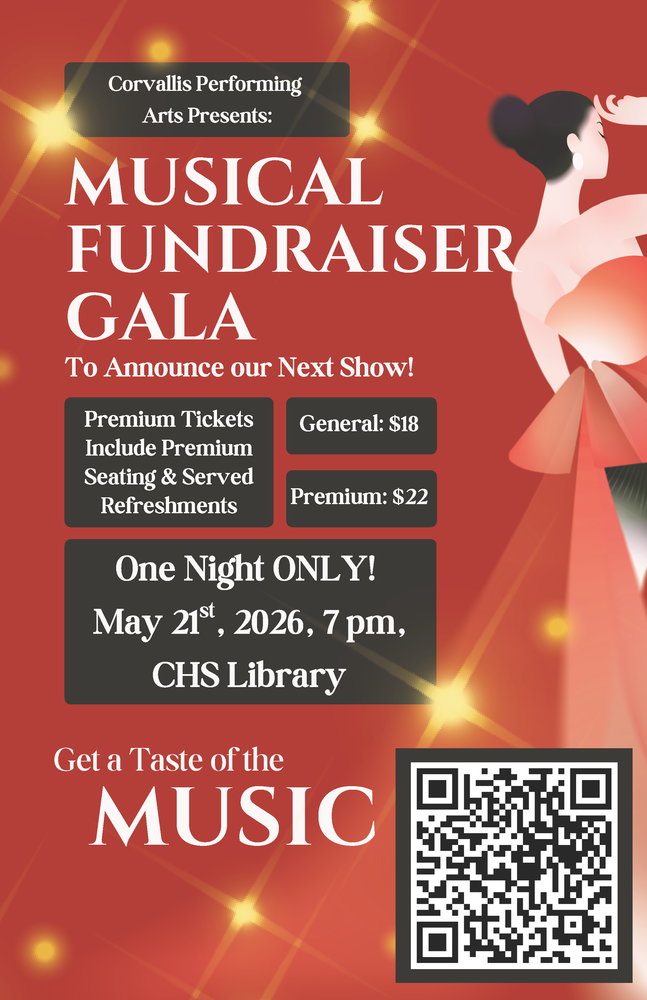 Musical Fundraiser Gala - Premium tickets include premium seating and served refreshments - General $18, Premium $22 - One night only! May 21st, 2026, 7 pm, CHS Library - Get a taste of the music