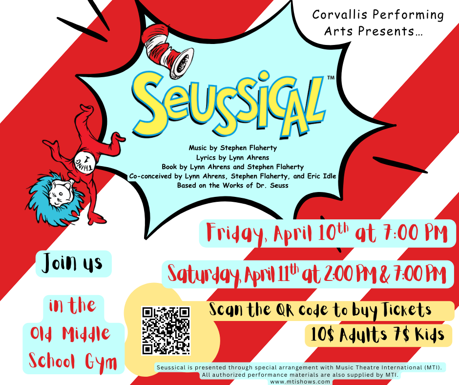 Follow Horton the Elephant as he discovers a tiny world on a speck of dust in Horton Hears a Who, and meet favorite characters like the mischievous Cat in the Hat, the loyal Gertrude McFuzz, and the fabulous Mayzie LaBird. This whimsical and heartwarming show is one of the most performed musicals in America.  🎟️ Tickets $10 Adults  |  $7 Students 📅 Show Dates: Friday, April 10 at 7:00 PM Saturday, April 11 at 2:00 PM & 7:00 PM 