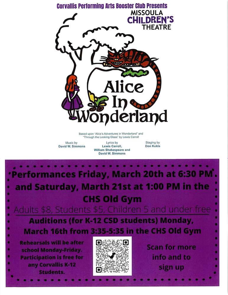 Corvallis Performing Arts Booster Club presents Missoula Children's Theater's "Alice in Wonderland"