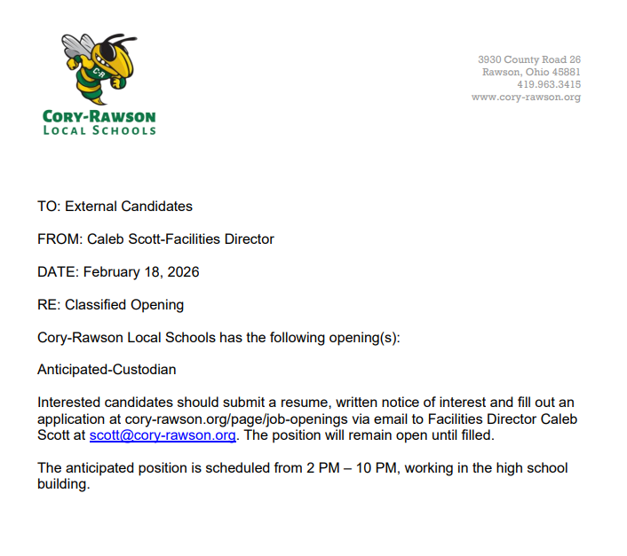 Custodian Vacancy - 021826