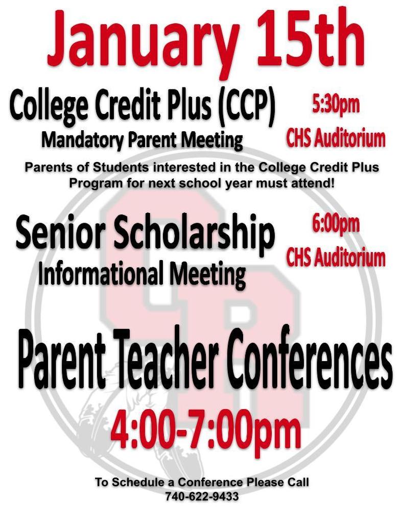Parent Teacher Conference Night, College Credit Plus Mandatory Parent Meeting, and Senior Scholarship Information.