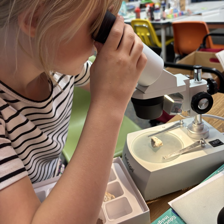 girl looking through microscope