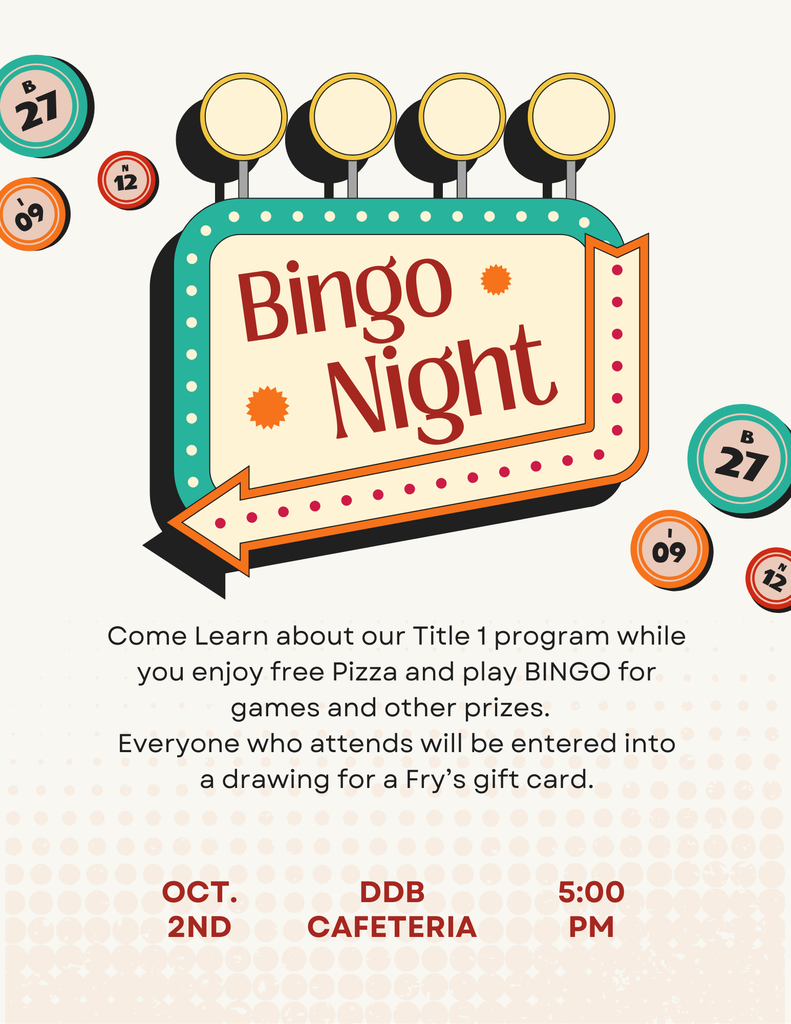 Bingo Night on Oct 2nd @5pm in the DDB Cafeteria