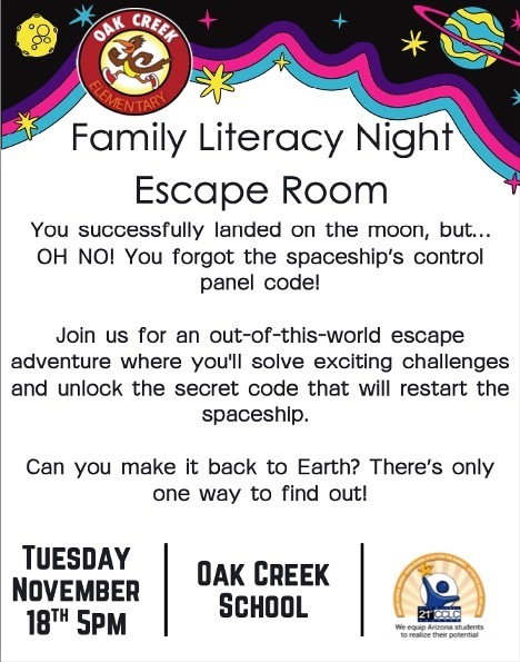 Flyer for Title one night at Oak Creek School Escape Room 11-18-2025 5pm