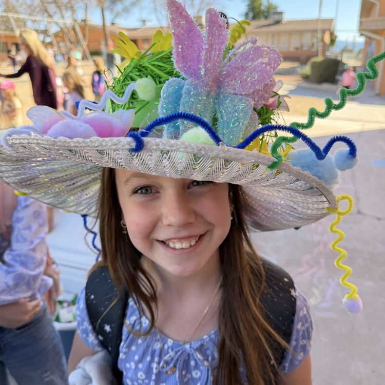 student wearing favorite hat on “Wear your favorite hat day”.