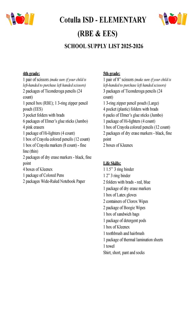 2025-2026 School Supply List