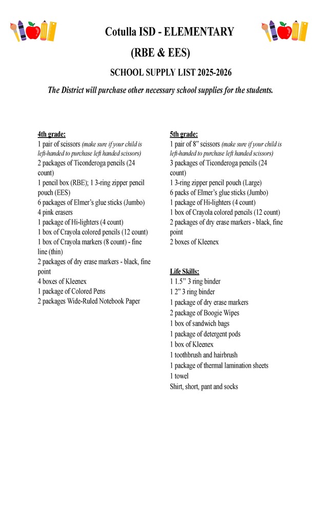 2025-2026 Elementary School Supply List 
