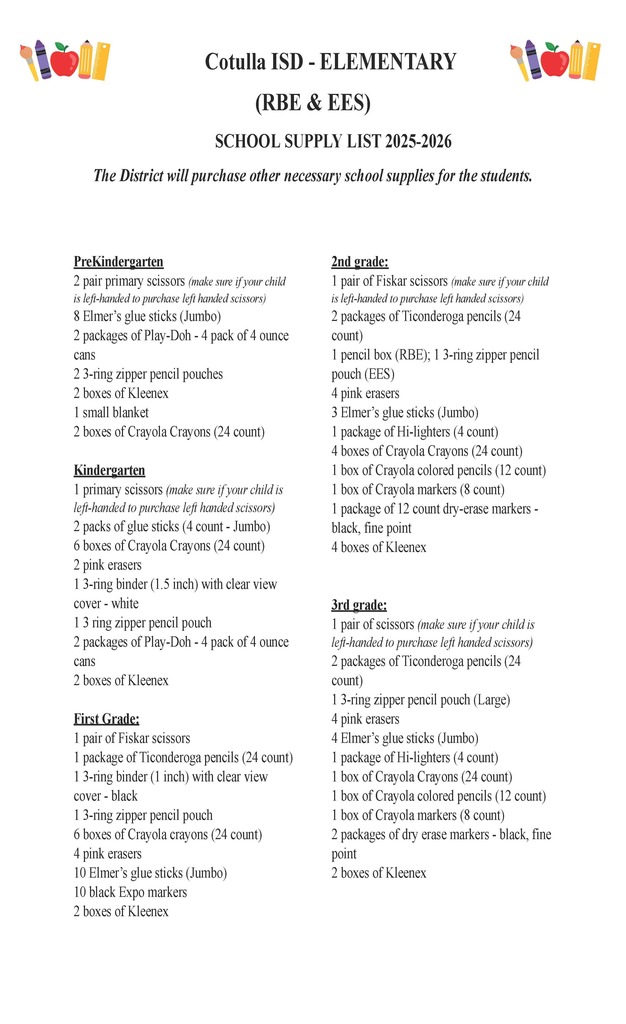 2025-2026 Elementary  School Supply List 