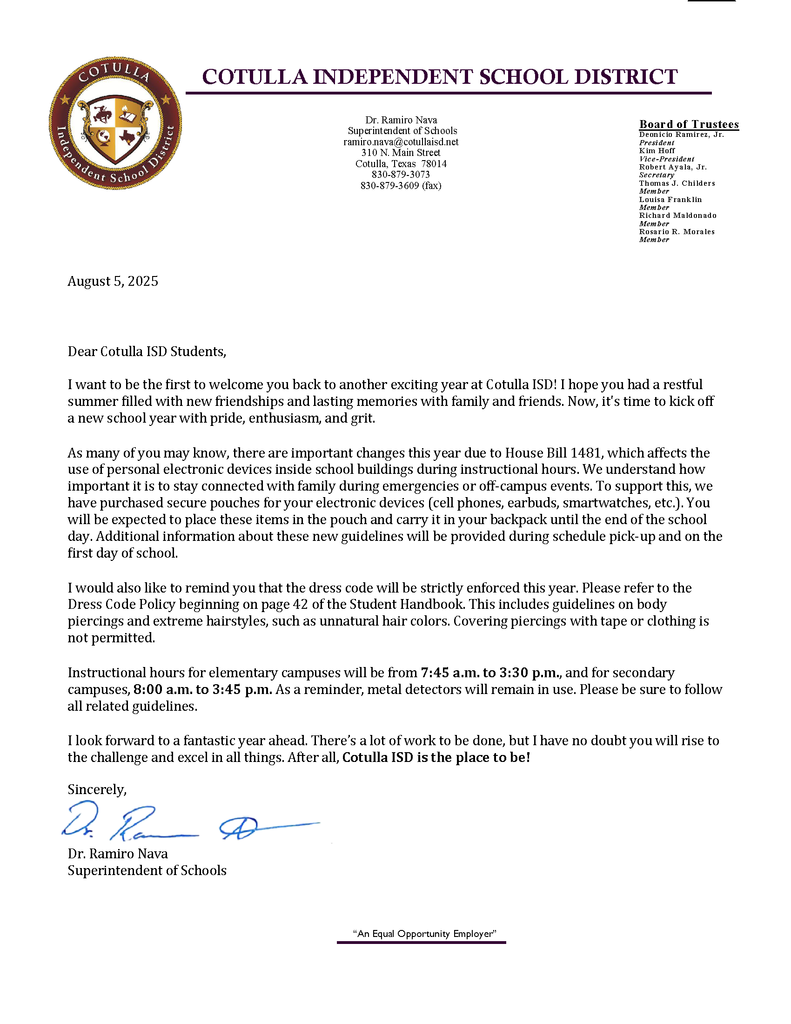 Welcome back letter Dr. Nava
