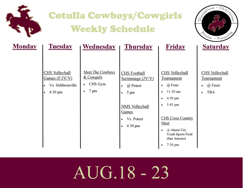 Cotulla Athletics Weekly Agenda (8/18 - 8/23)