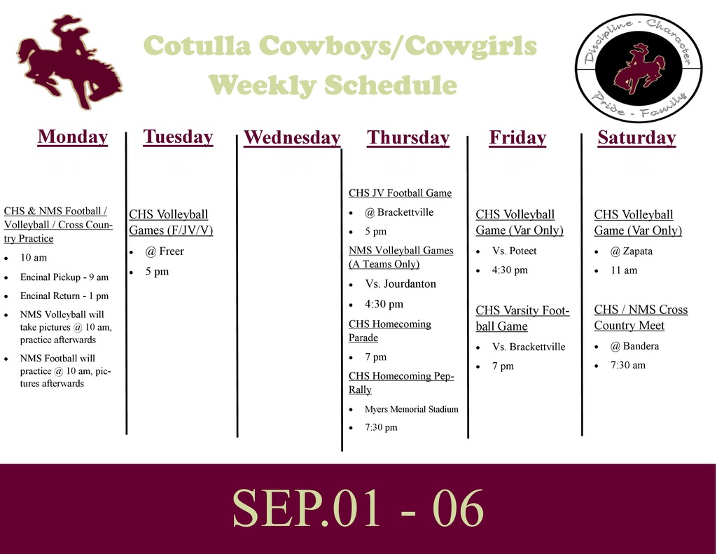 Cotulla Athletics Weekly Agenda (9/1 - 9/6)