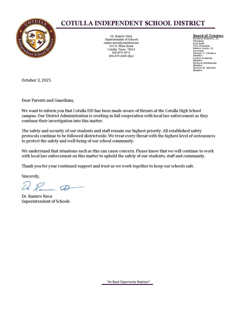 Letter to the Community-October 3, 2025