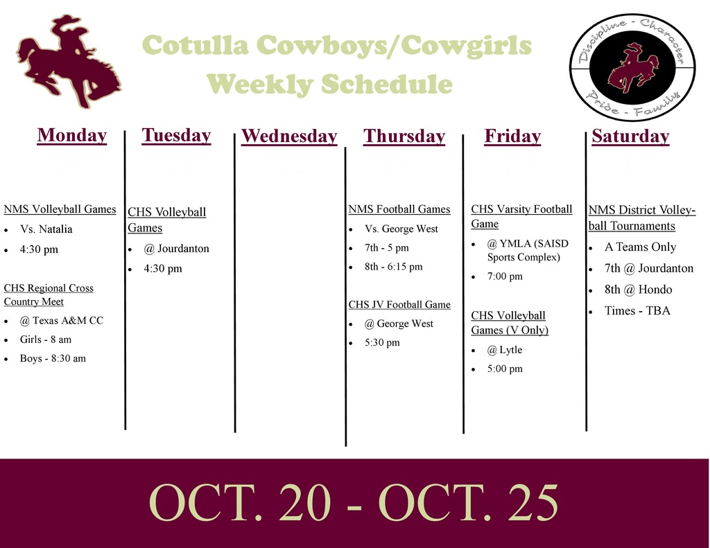 Cotulla Athletics Weekly Schedule (10/20 - 10/25)