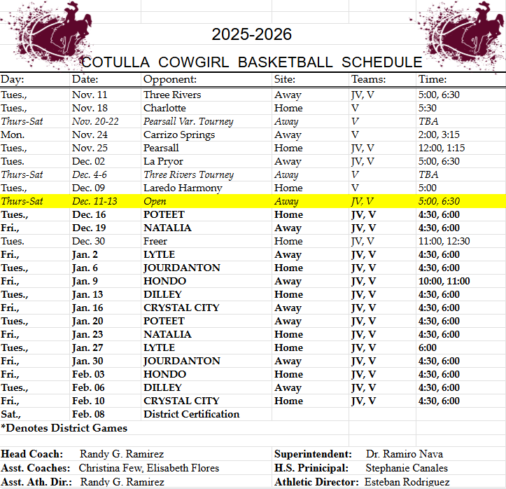 Girls basketball schedule