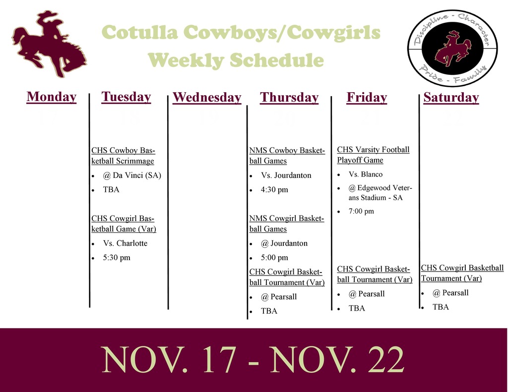Cotulla Athletics Weekly Agenda (11/17 - 11/22)
