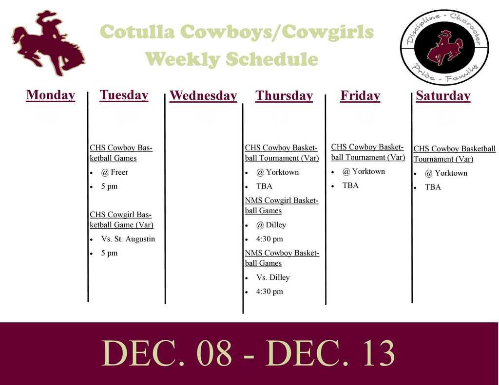 Cotulla Athletics Weekly Schedule (12/8 - 12/13)