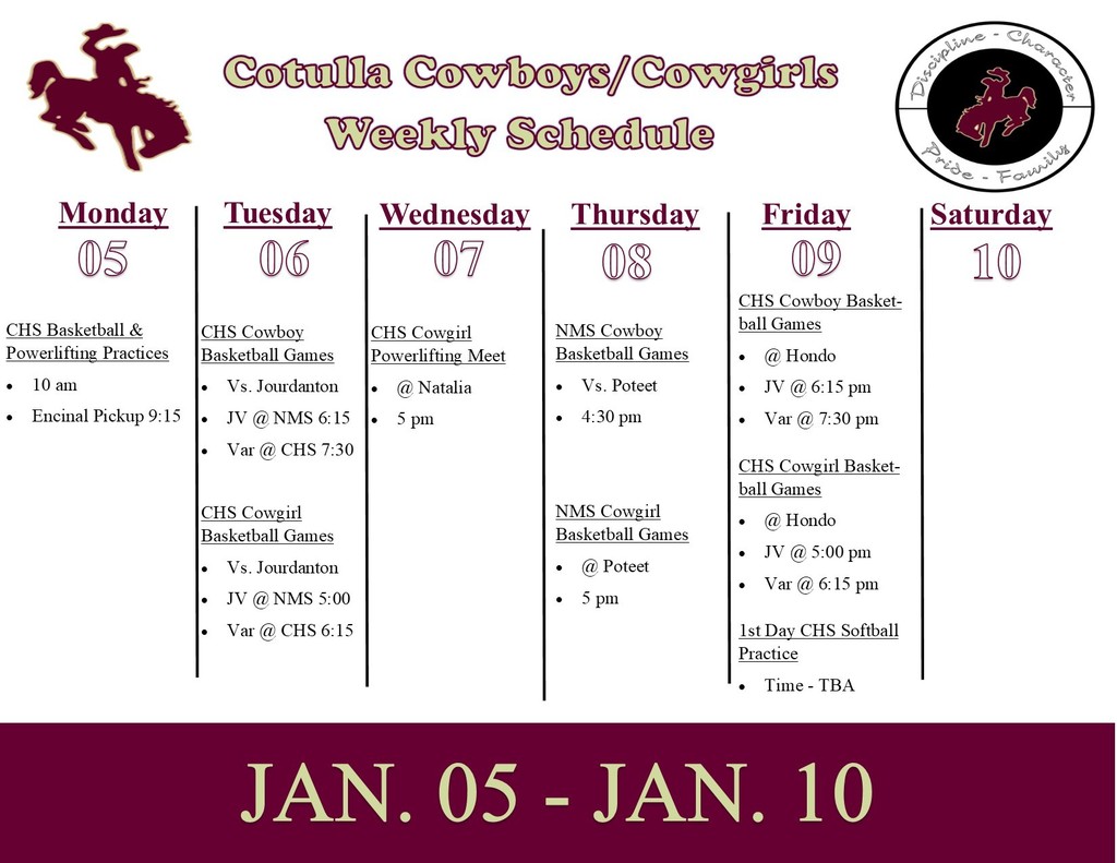 Cotulla Athletics Weekly Schedule (1/5 - 1/10)