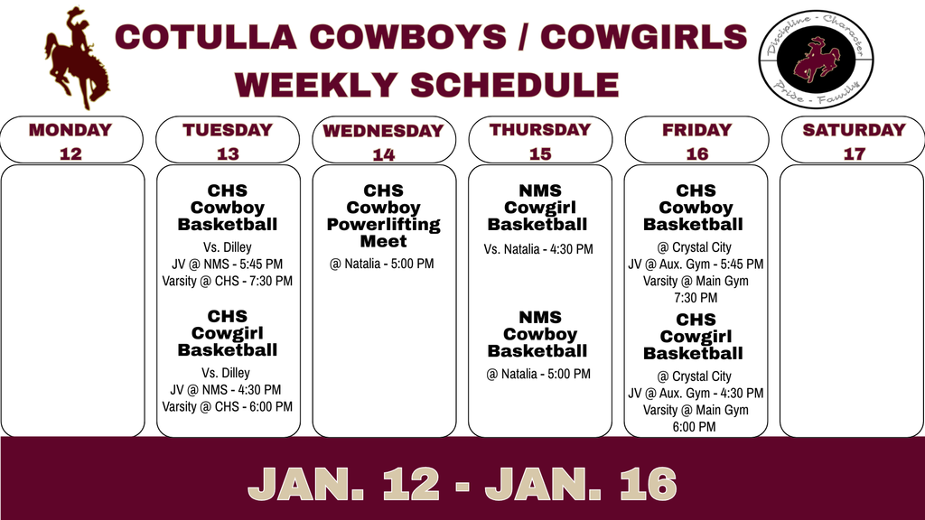 athletic weekly schedule January 12