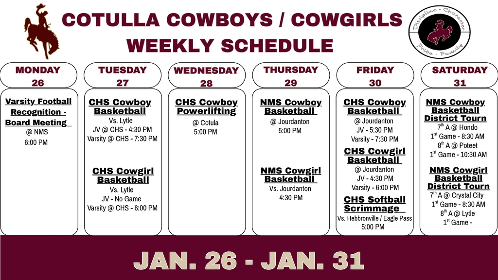 Cotulla Athletics Weekly Agenda (1/26 - 1/31)