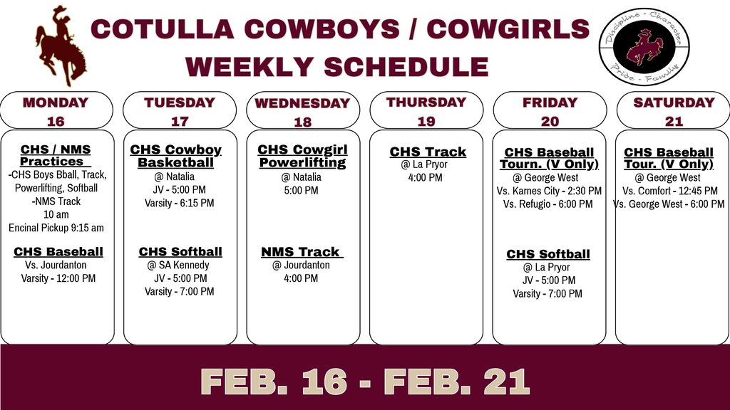 Cotulla Athletics Weekly Agenda (Feb 16 - 21)