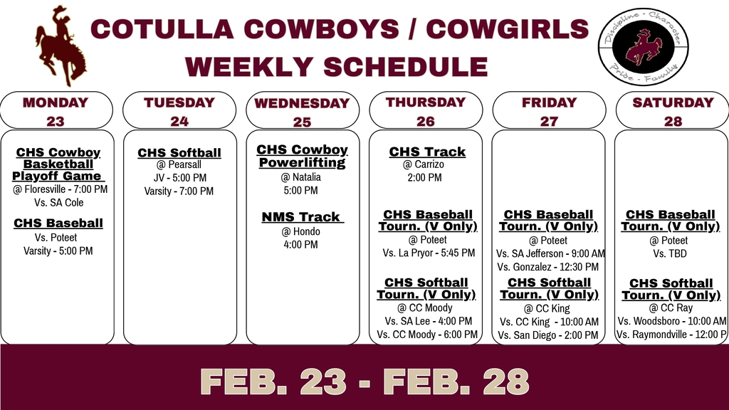 Cotulla Athletics Weekly Schedule (2/23 - 2/28)