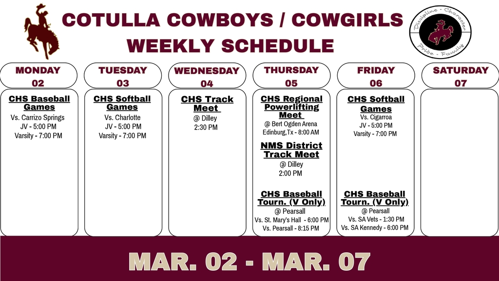 Cotulla Athletics Weekly Schedule (3/2 - 3/7)