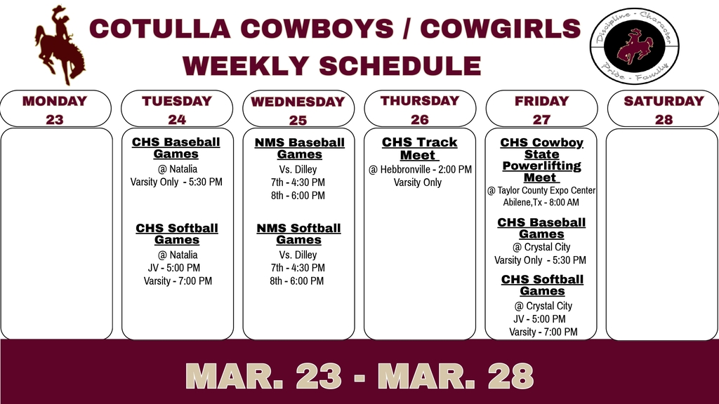 Cotulla Athletics Weekly Schedule (3/23 - 3/28)