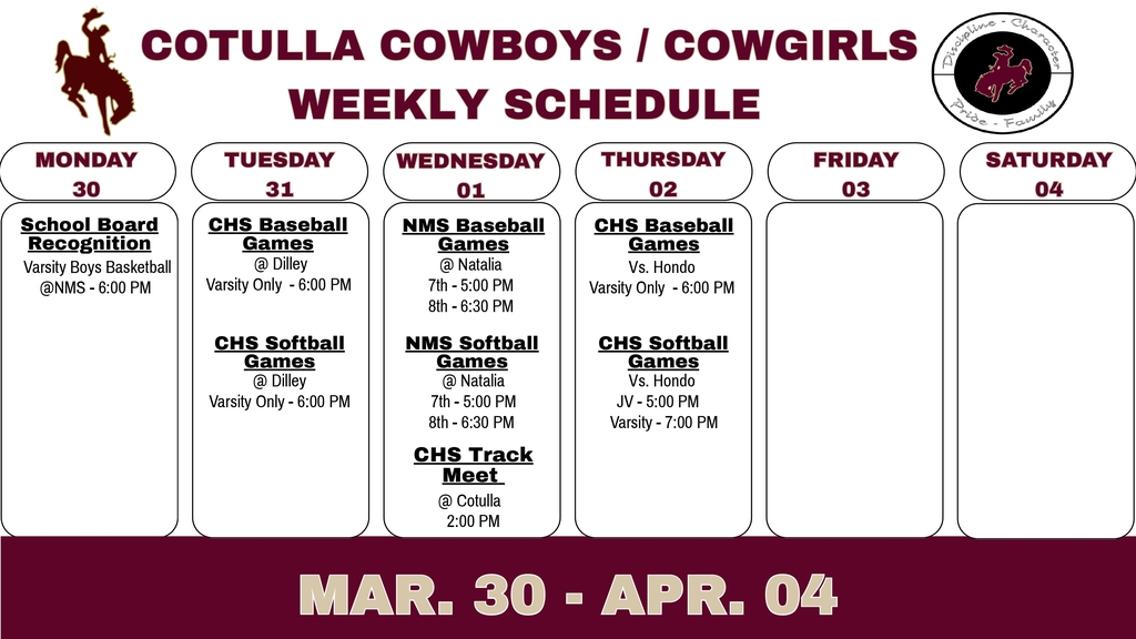 CHS Athletics Weekly Schedule (3/30 - 4/2)