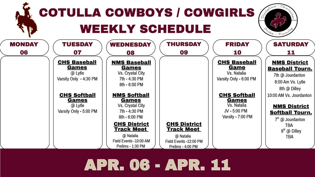 Cotulla Athletics Weekly Schedule (4/6 - 4/11)