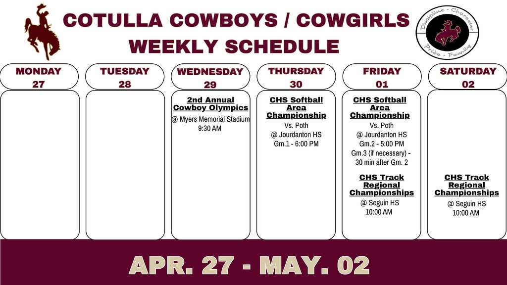 Cotulla Athletics Weekly Agenda (4/27 - 5/2)