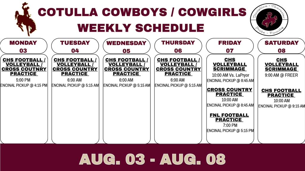 Cotulla Athletic Weekly Schedule (8/3 - 8/8)
