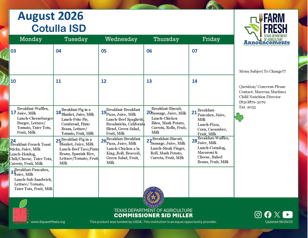 August 2026 menu