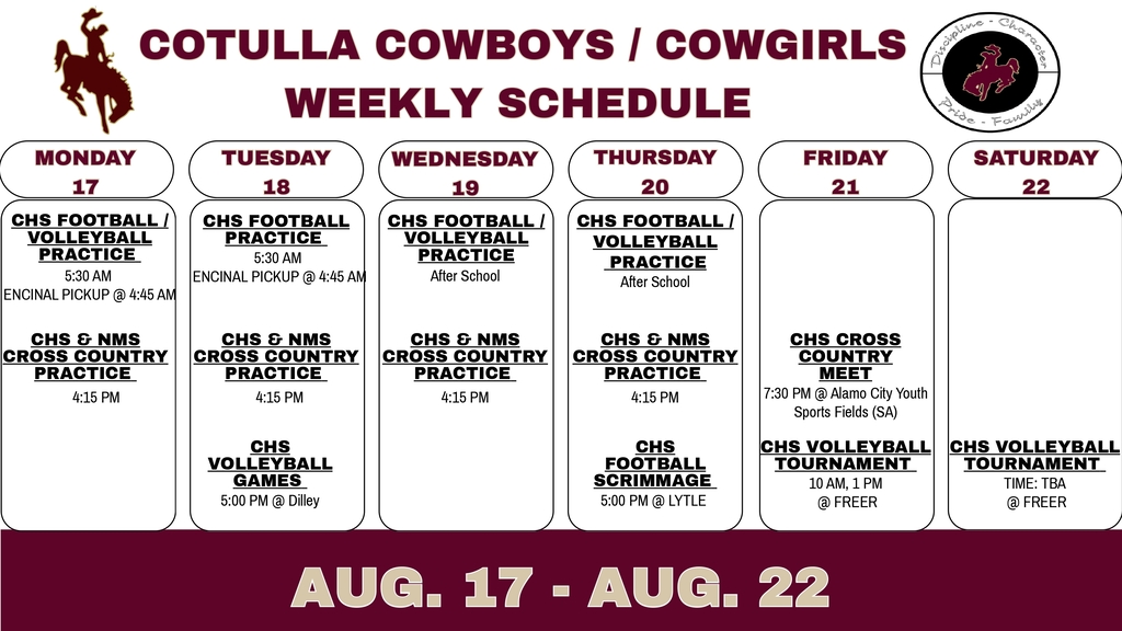 Cotulla Athletics Weekly Schedule (8/17 - 8/22)