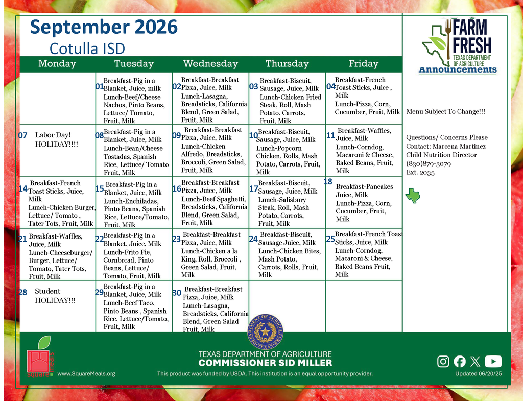 September 2026 Menu