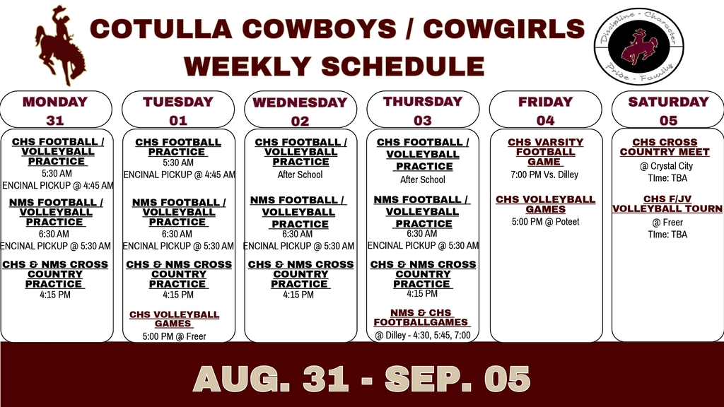 Cotulla Athletics Weekly Schedule (8/31 - 9/5)
