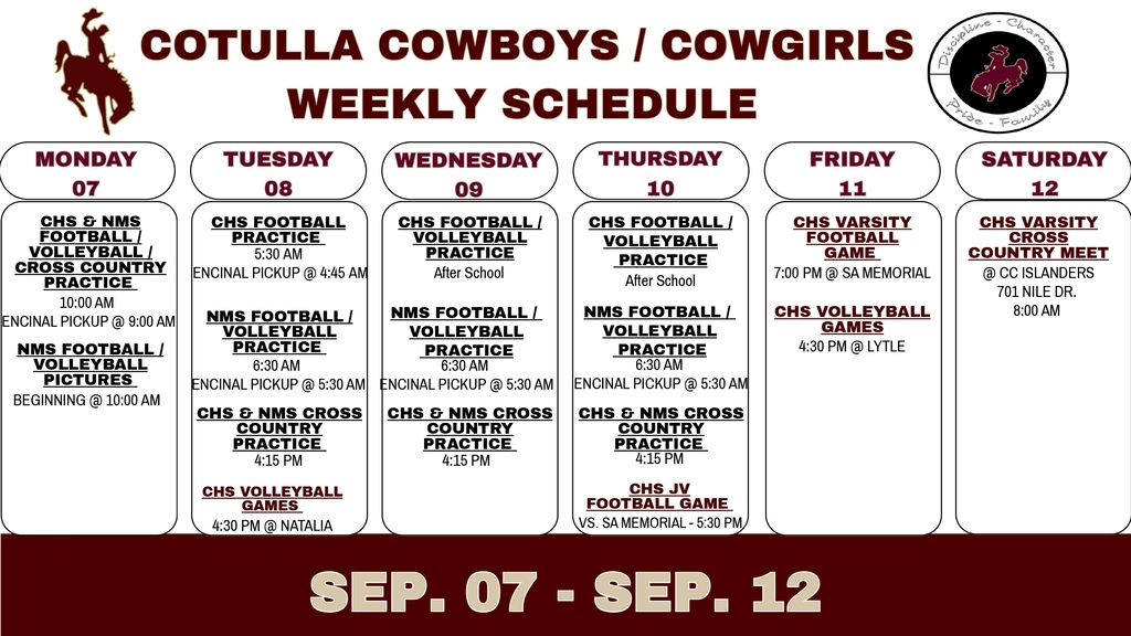Cotulla Athletics Weekly Schedule (Sept. 07 - Sept. 12)