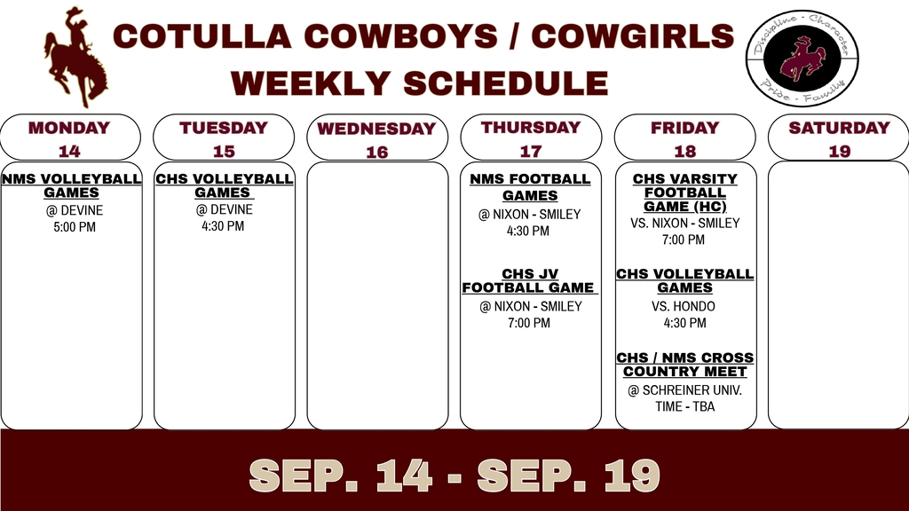 Cotulla Athletics Weekly Schedule (9/14 - 9/19)