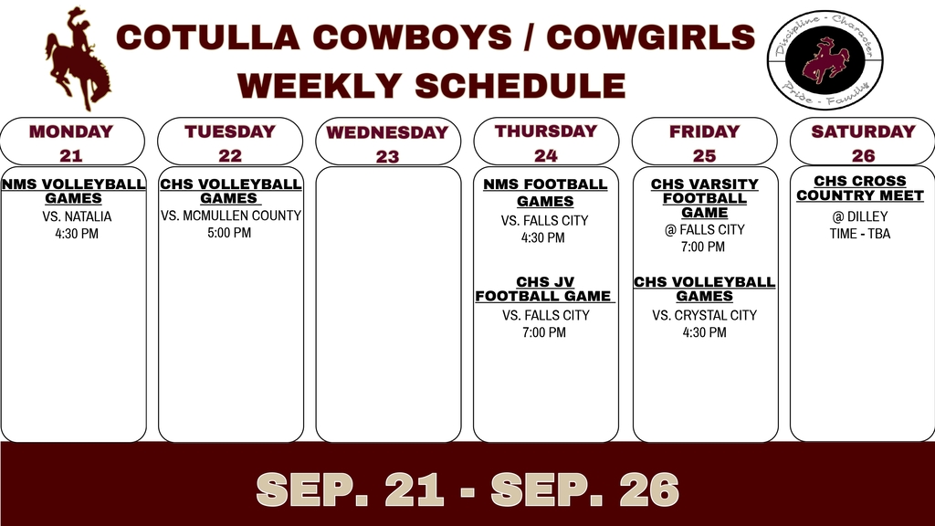 Cotulla Athletics Weekly Schedule (9/21 - 9/26)