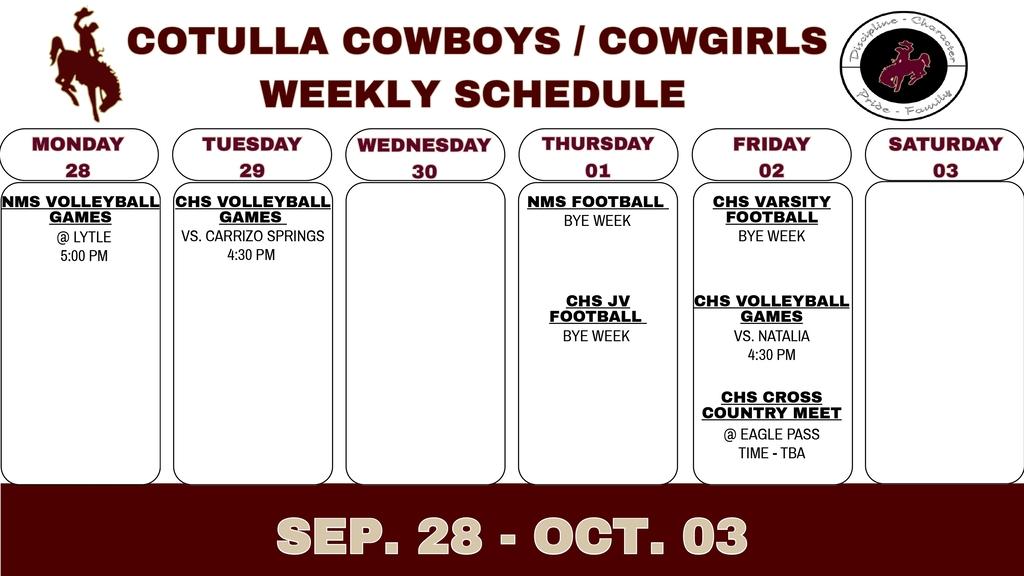 Cotulla Athletics Weekly Schedule (9/28 - 10/3)