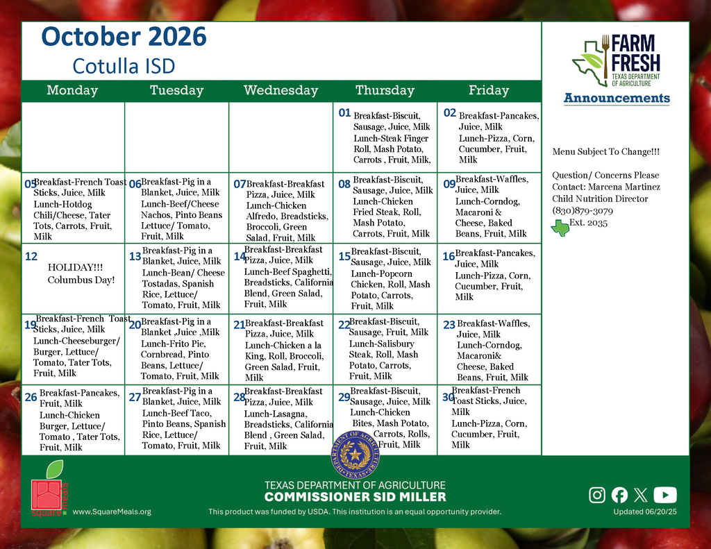 October 2026 Menu
