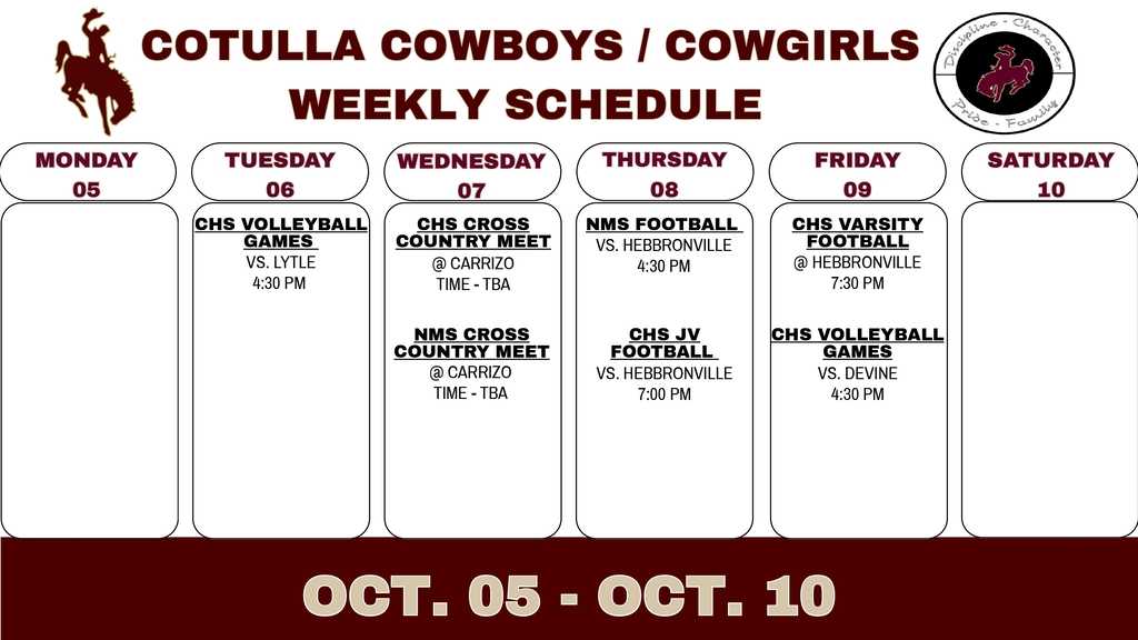 Cotulla Athletics Weekly Schedule (10/5 - 10/10)