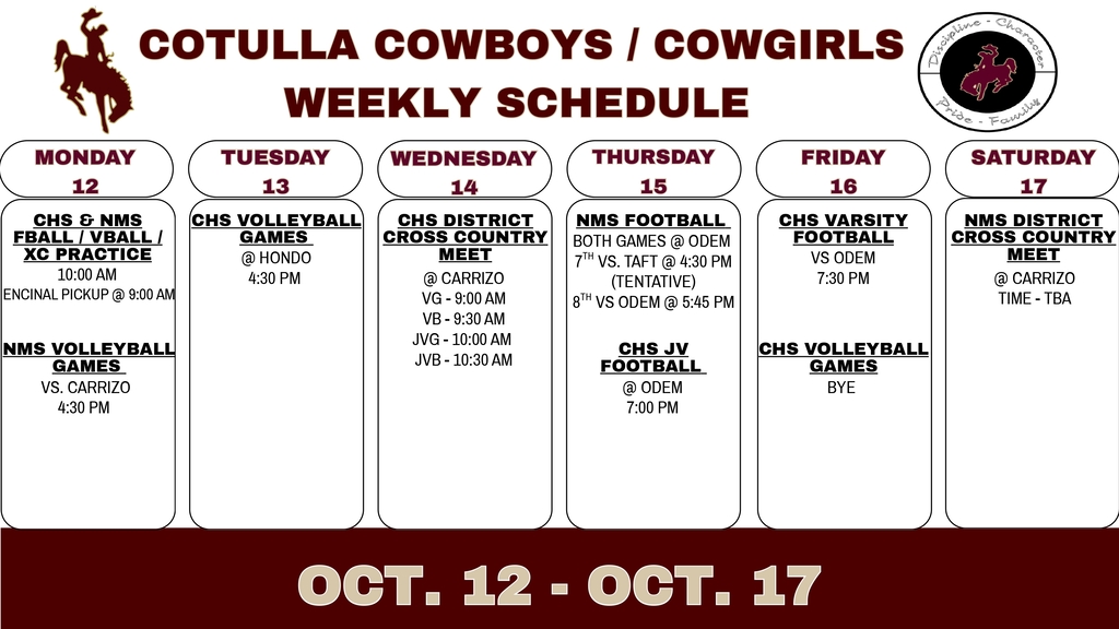 Cotulla Athletics Weekly Schedule (10/12 - 10/17)