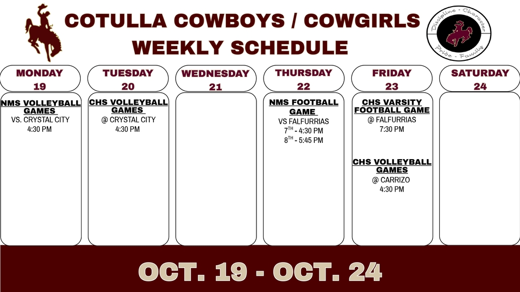 Cotulla Athletics Weekly Schedule (10/19 - 10/24)