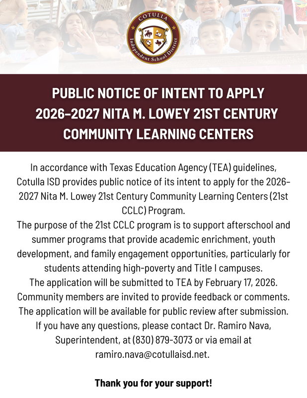 Public Notice of Intent to Apply 2026–2027 Nita M. Lowey 21st Century  Community Learning Centers