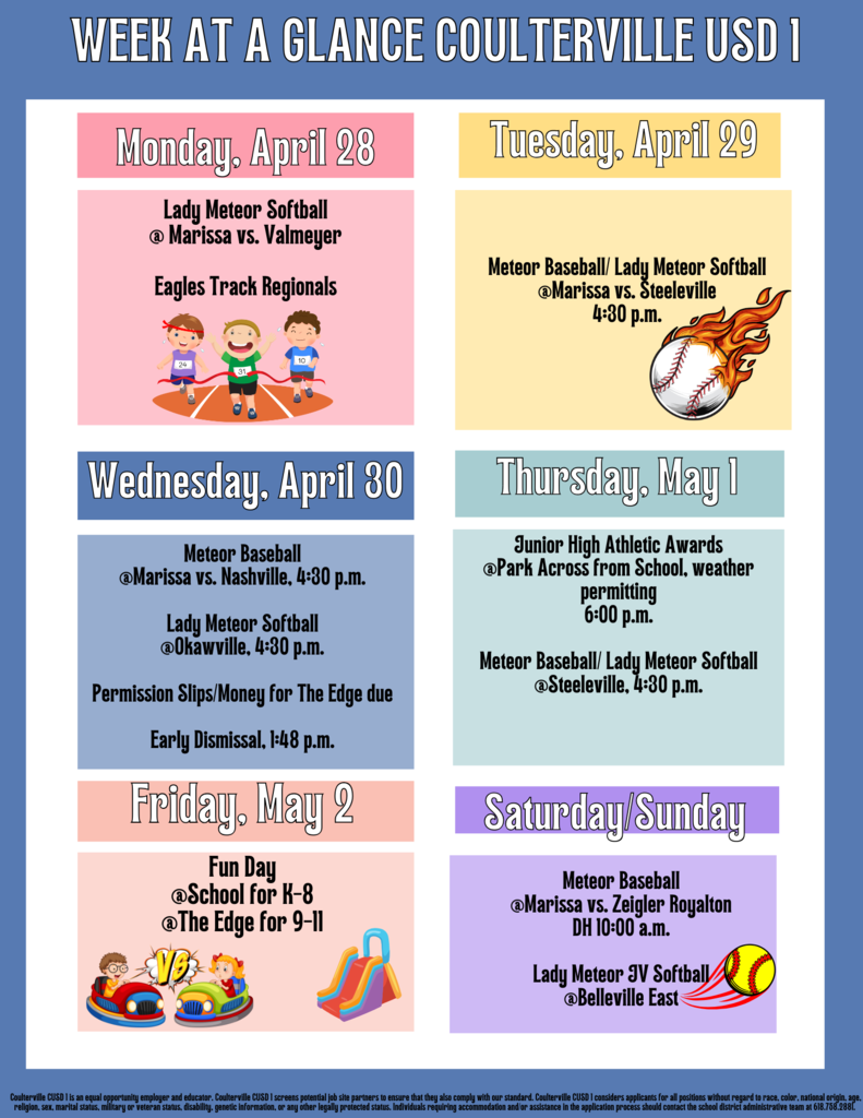 Weekly events for the week of April 28.