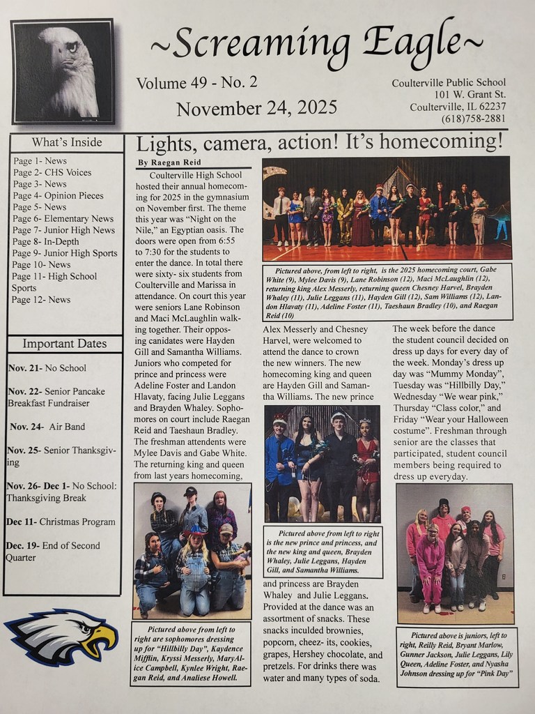 Page 1 of the Screaming Eagle school newspaper for November 24, 2025