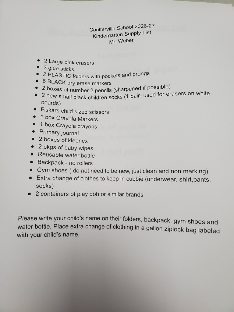Kindergarten supply list